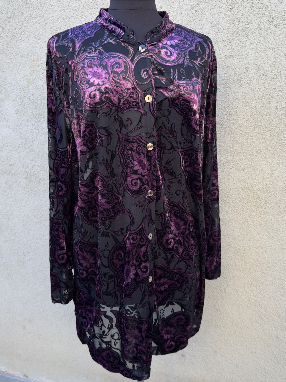 Sheer Paisley Button-Up Tunic in Black and Purple